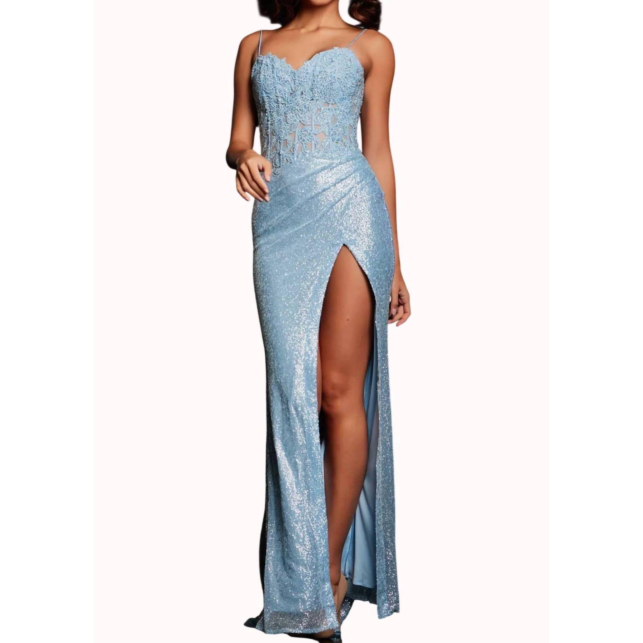 New Jovani Semi-Sweetheart Neckline Long Evening Dress In Light Blue